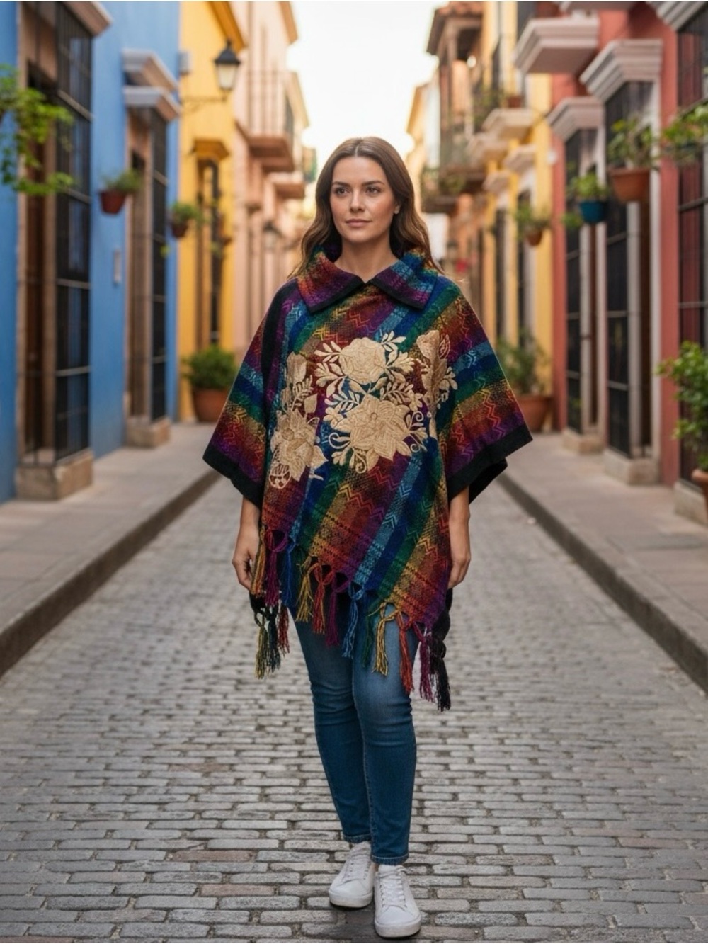 Colorful Floral Embroidered Poncho - Multi